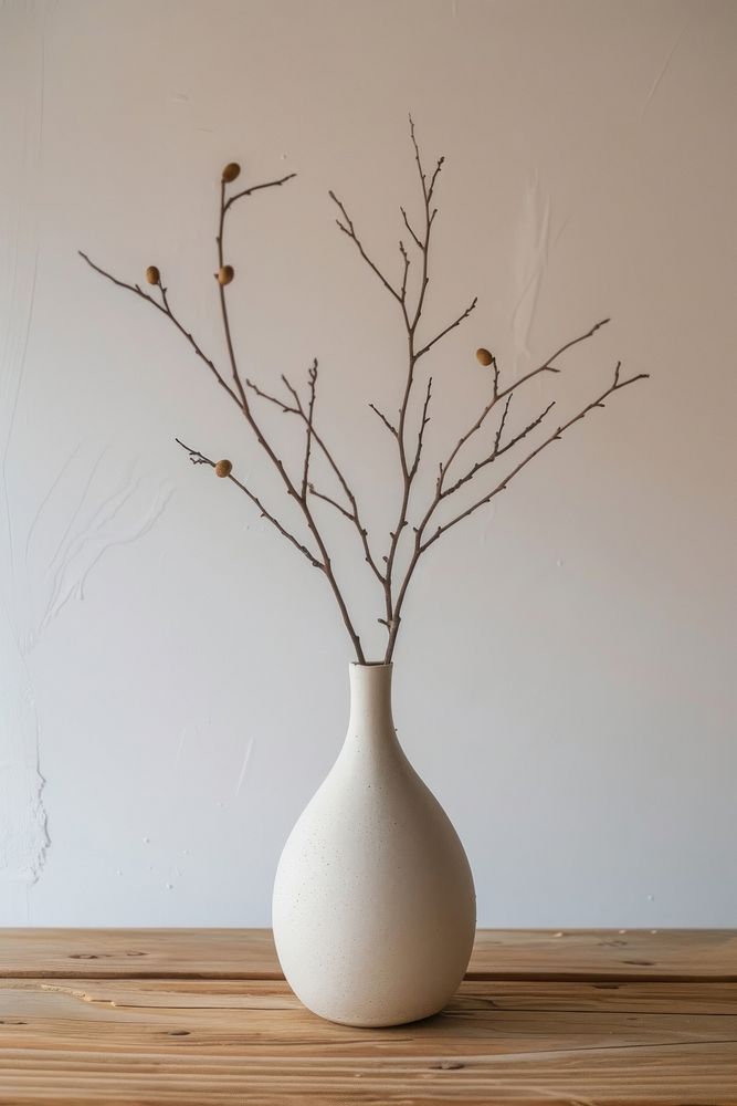 Minimal freeform handmade ceramic empty vase on wooden table plant white decoration.