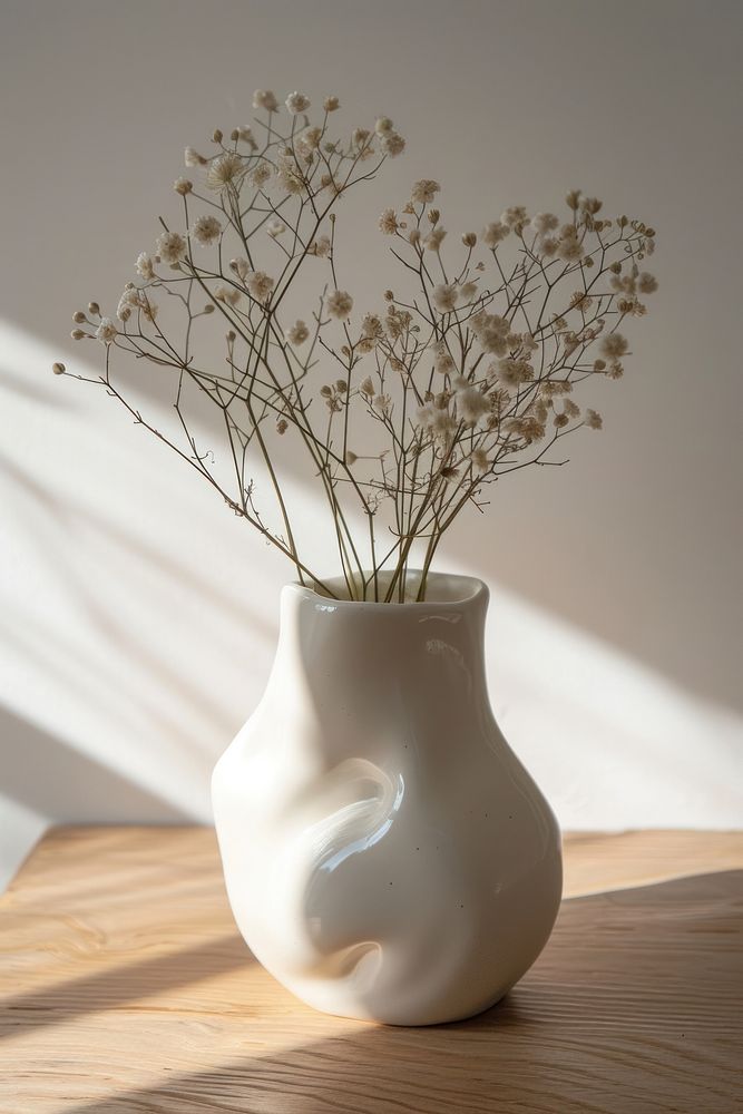Minimal freeform handmade ceramic empty vase on wooden table flower plant white.