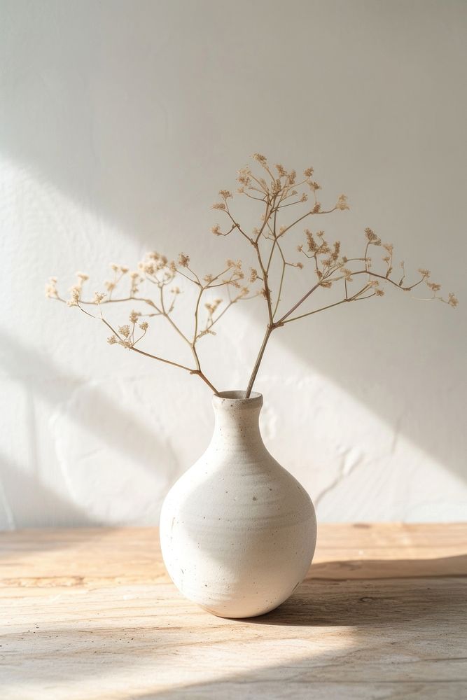 Minimal freeform handmade ceramic empty vase on wooden table plant white decoration.