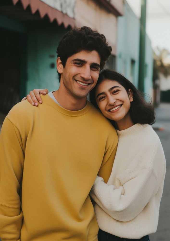 Hispanic cute couple sweater adult happy.