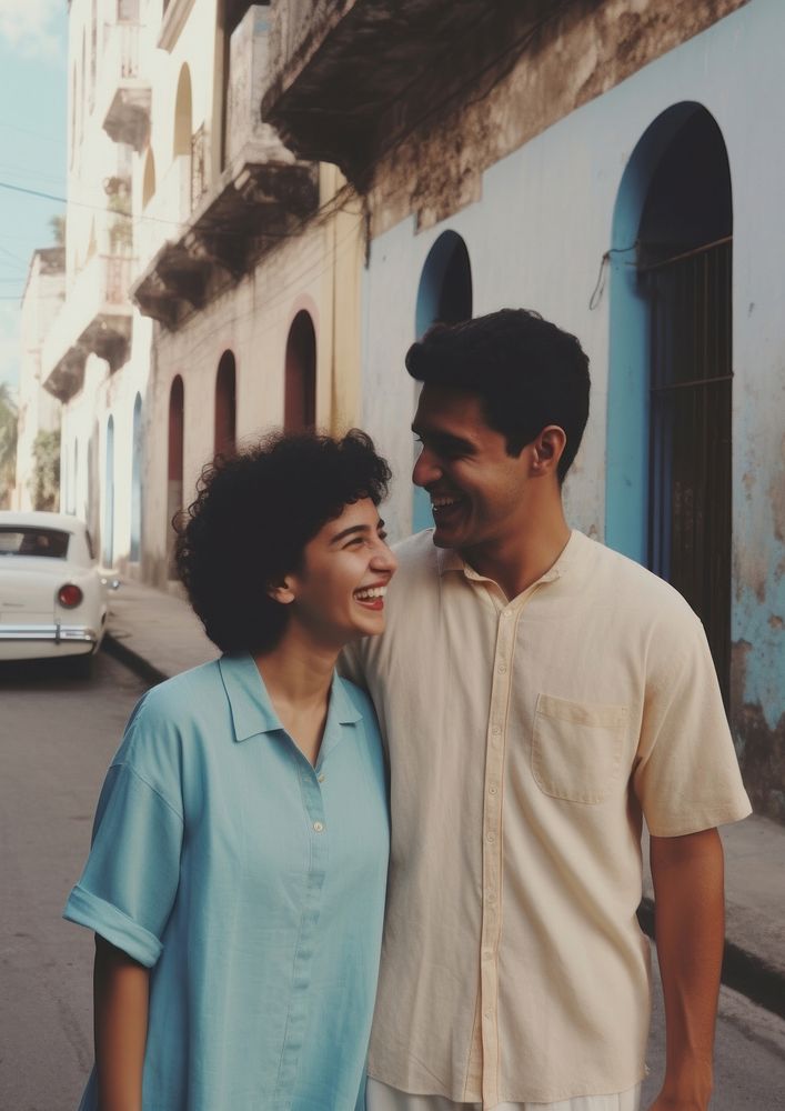 Hispanic cute couple street adult happy.