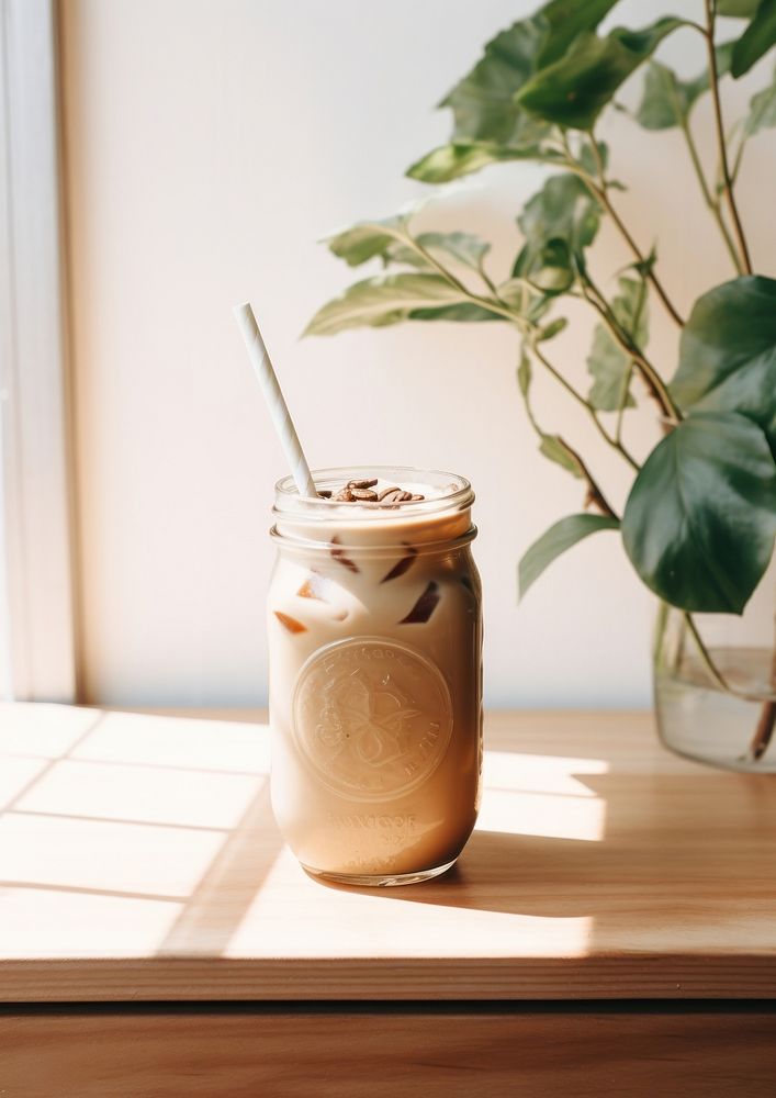 Ice mocha in glass mug jar cup refreshment container.