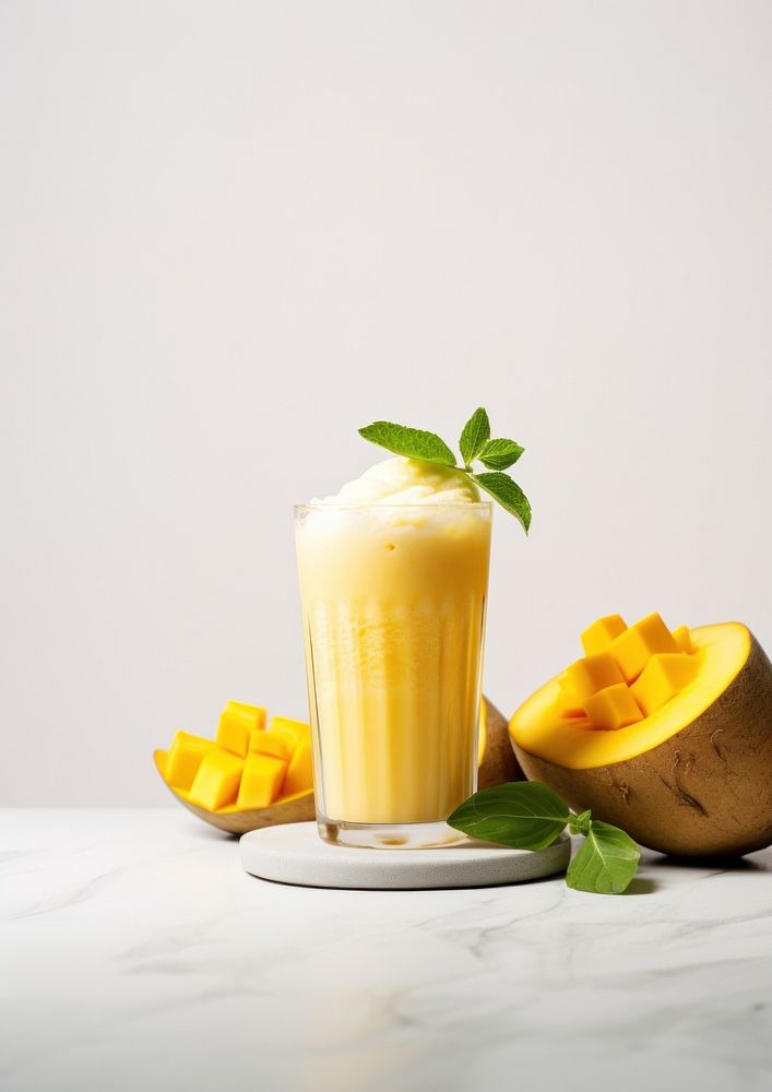 Mango juice frappe in glassware rock food smoothie drink.
