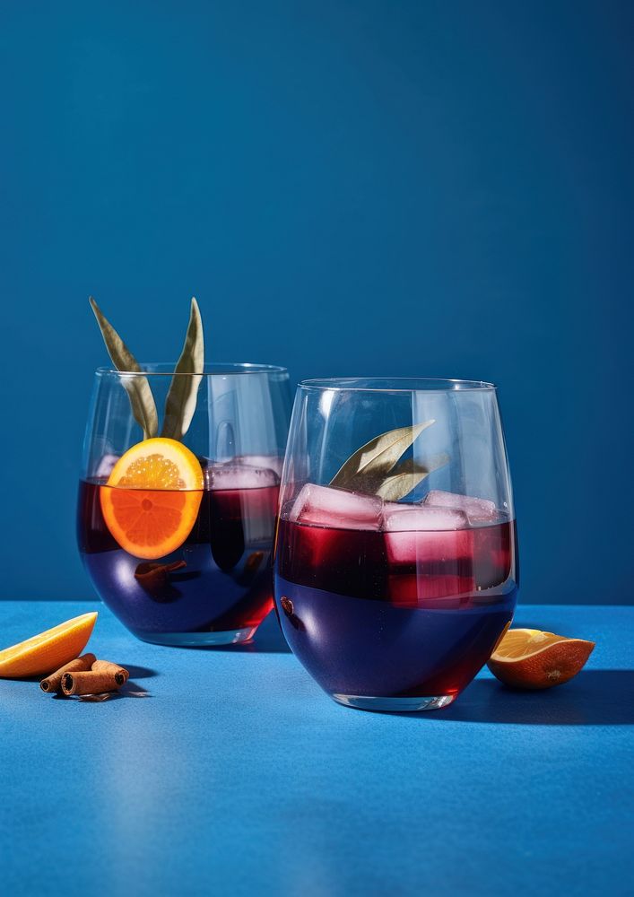 Mulled wine cocktail in glassware rock food drink blue.