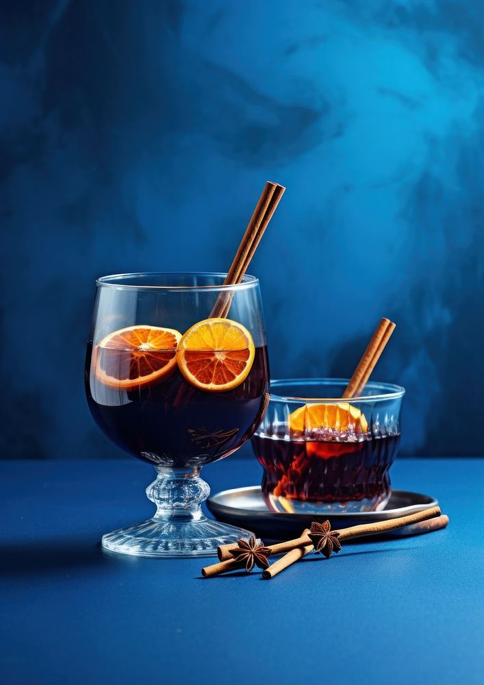 Mulled wine cocktail in glassware rock food drink blue.