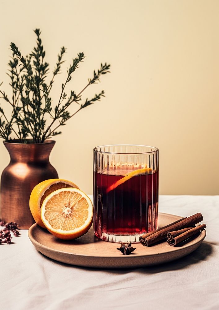 Mulled wine in glassware rock food drink fruit.