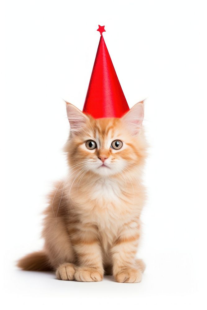Side view of a Cute cat with red party hat celebration mammal animal.