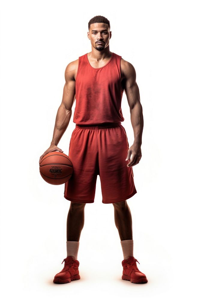 A basketball player standing confidently sports adult white background.