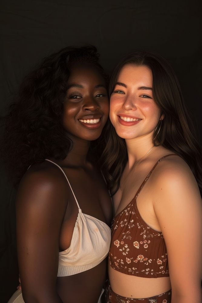 2 women body types with different ethnicities smile laughing portrait.