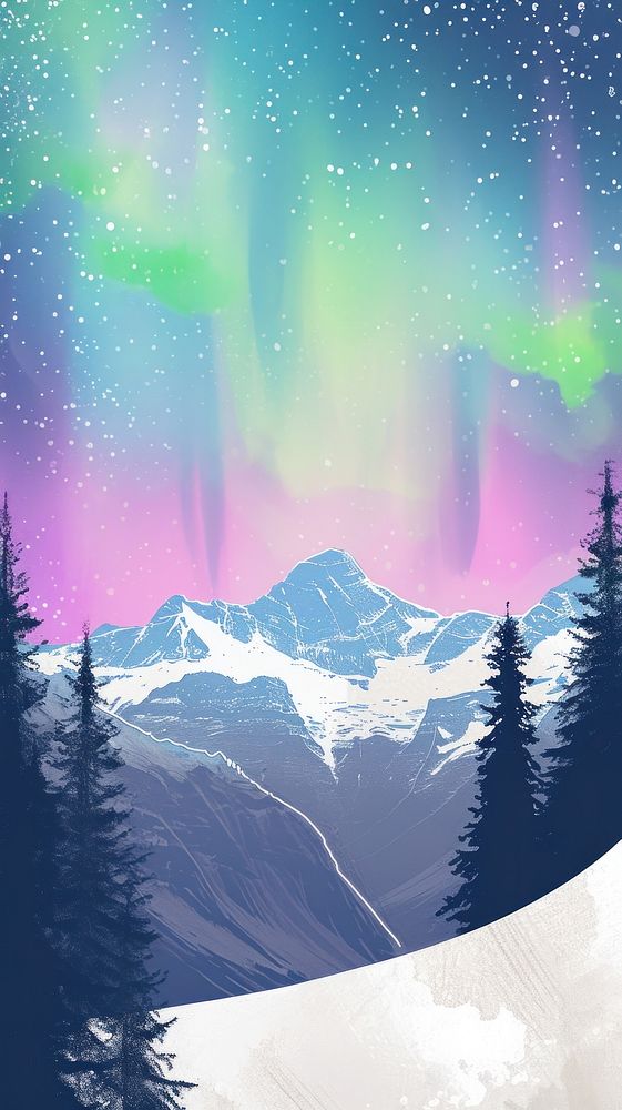 Cute northern lights illustration outdoors nature plant.