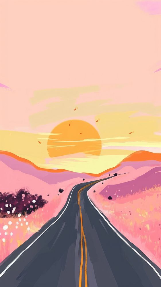 Cute country road sunset illustration outdoors nature sky.