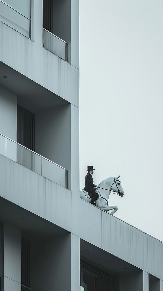  A businessman ride a white horse come through the building window mammal wall city. AI generated Image by rawpixel.