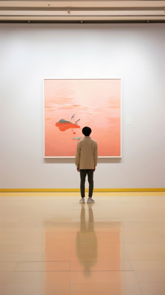  A man in shrimp mascot look at the painting in musuem standing adult wall. AI generated Image by rawpixel.