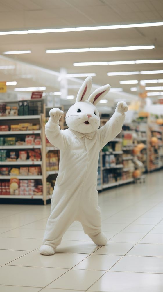  Bunny mascot dancing in the supermarket toy representation consumerism. AI generated Image by rawpixel.