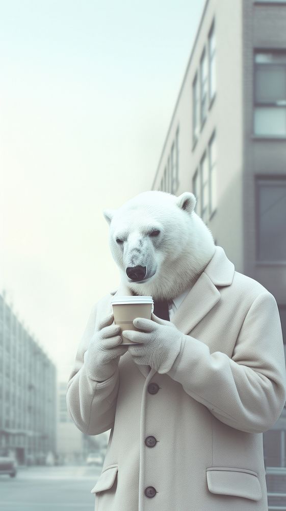  Polar bear wearing hat drinking coffee at the street photography mammal animal. AI generated Image by rawpixel.