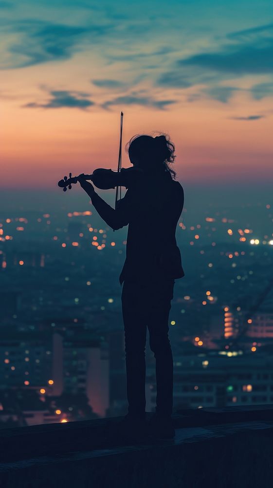  Musician playing violin at the rooftop adult architecture backlighting. AI generated Image by rawpixel.