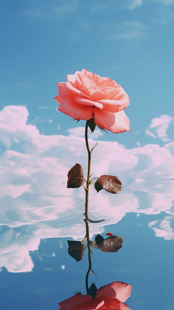 Rose on the mirror reflect the sky outdoors flower nature. AI generated Image by rawpixel.