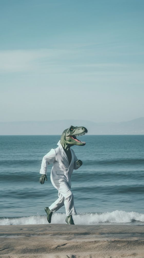  Man in dinosaur cosplay running over the sea outdoors nature adult. AI generated Image by rawpixel.