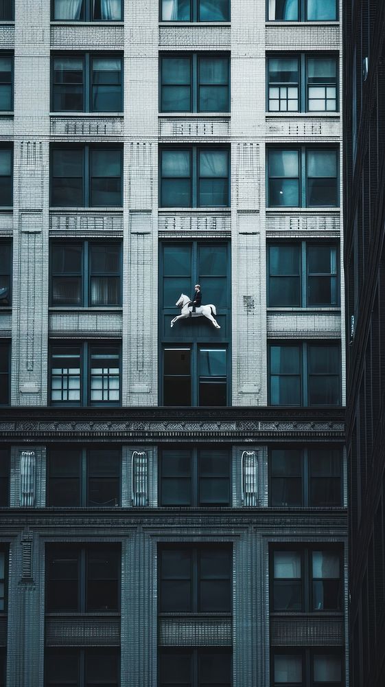  A businessman ride a white horse flying outside the building window architecture city skyscraper. AI generated Image by…