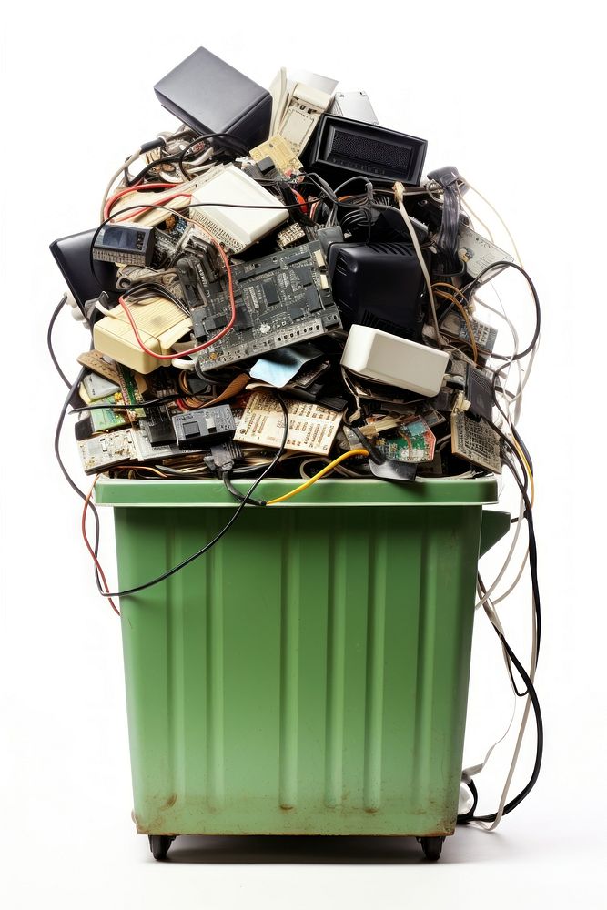 A Waste bin full of electronic devices electronics recycling white background. AI generated Image by rawpixel.