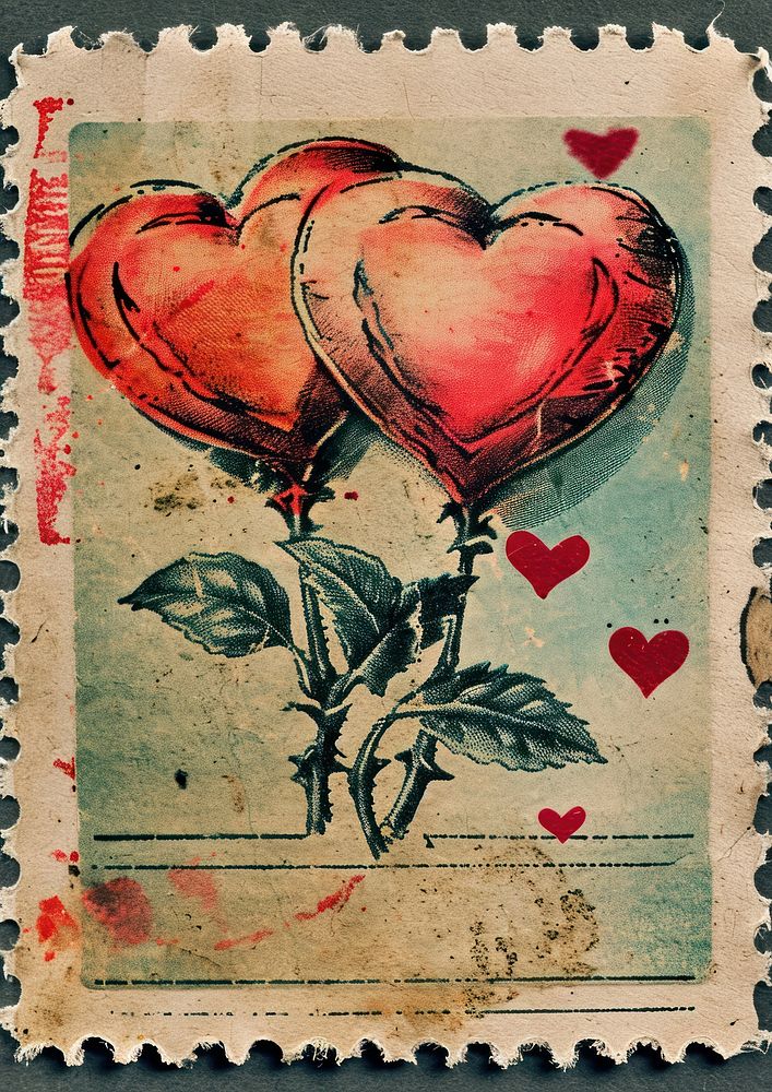 Vintage postage stamp with valentines paper creativity pattern.