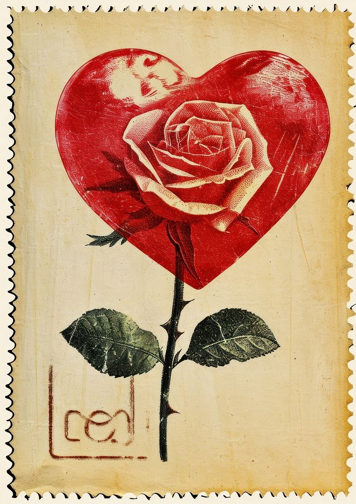 Vintage postage stamp with valentines flower rose cross-stitch.