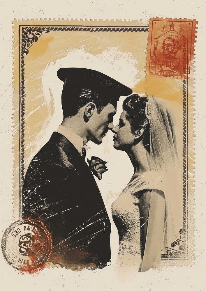 Vintage postage stamp with wedding adult bride painting.