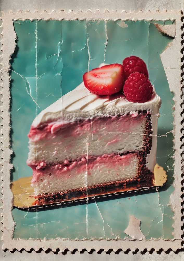 Vintage postage stamp with cake raspberry dessert fruit.
