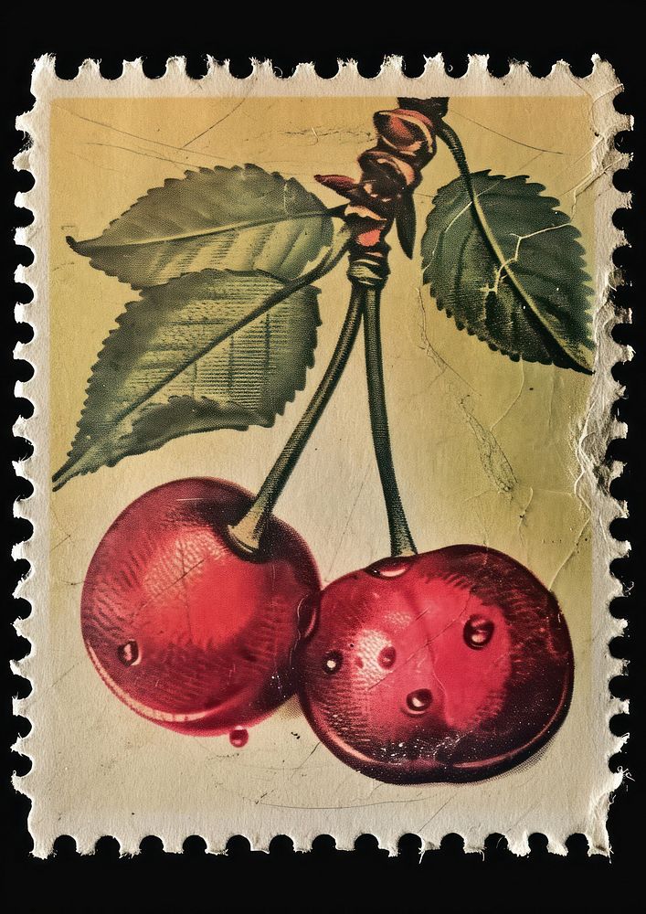 Vintage postage stamp with cherry fruit plant food.