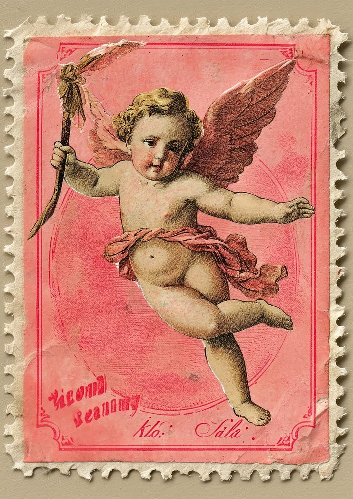 Vintage postage stamp with cupid representation creativity needlework.