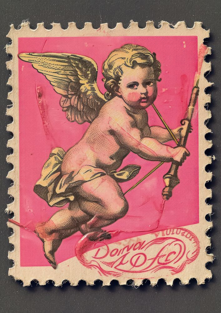 Vintage postage stamp with cupid pink representation creativity.