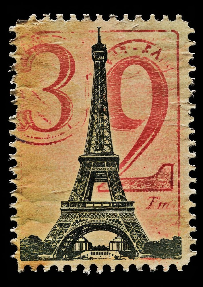 Vintage postage stamp with eiffel tower architecture banknote building.