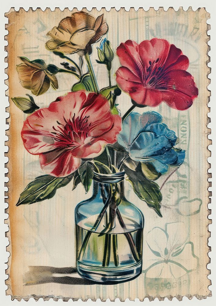 Vintage postage stamp with flower vase painting paper plant.