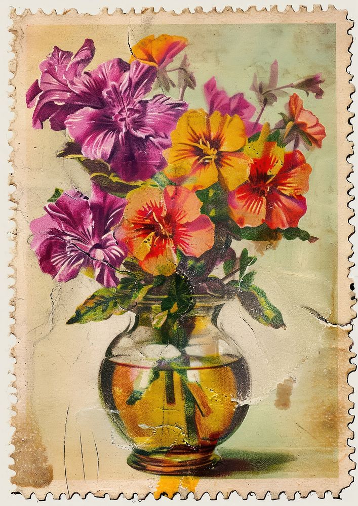 Vintage postage stamp with flower vase painting plant petal.