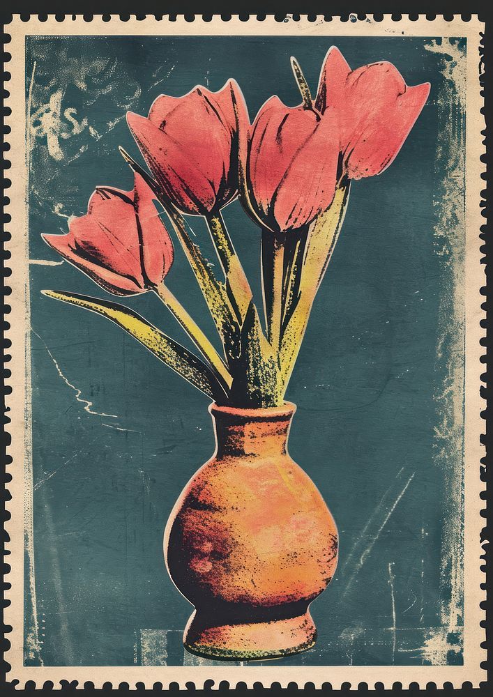Vintage postage stamp with flower vase painting plant art.