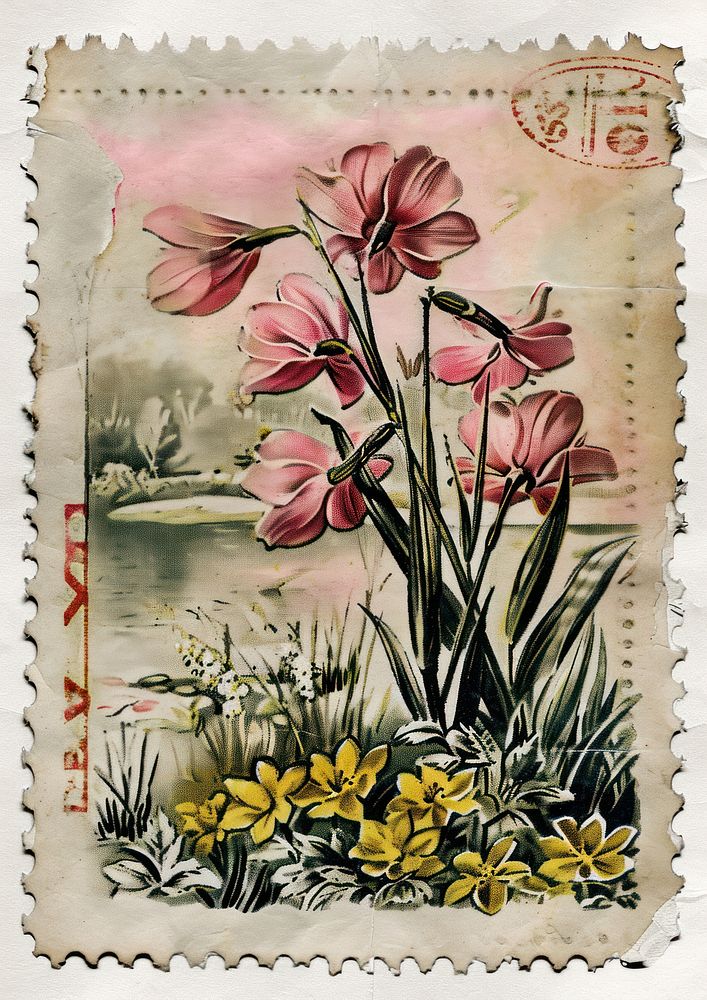 Vintage postage stamp with garden painting flower paper.