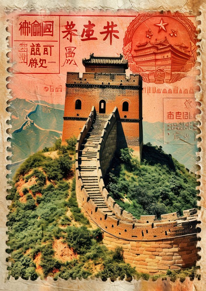 Vintage postage stamp with great wall of china architecture lighthouse currency.