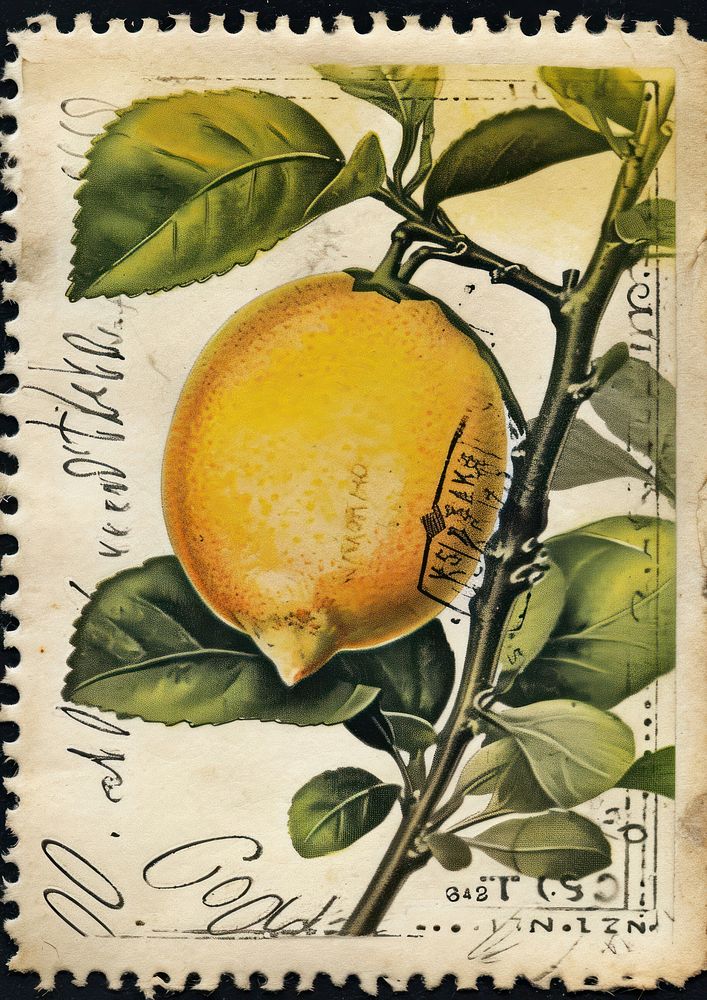 Vintage postage stamp with lemon fruit plant food.