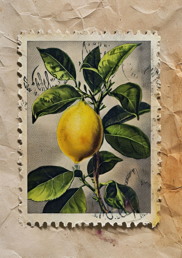 Vintage postage stamp with lemon fruit plant food.
