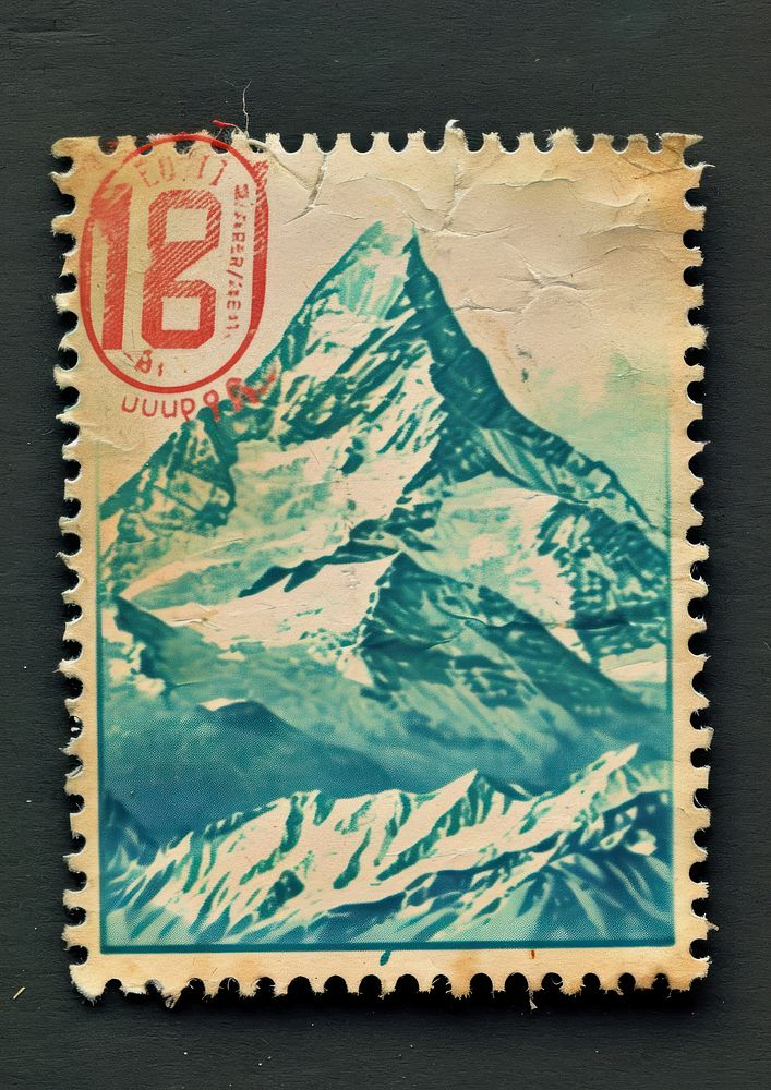 Vintage postage stamp with mountain representation blackboard painting.