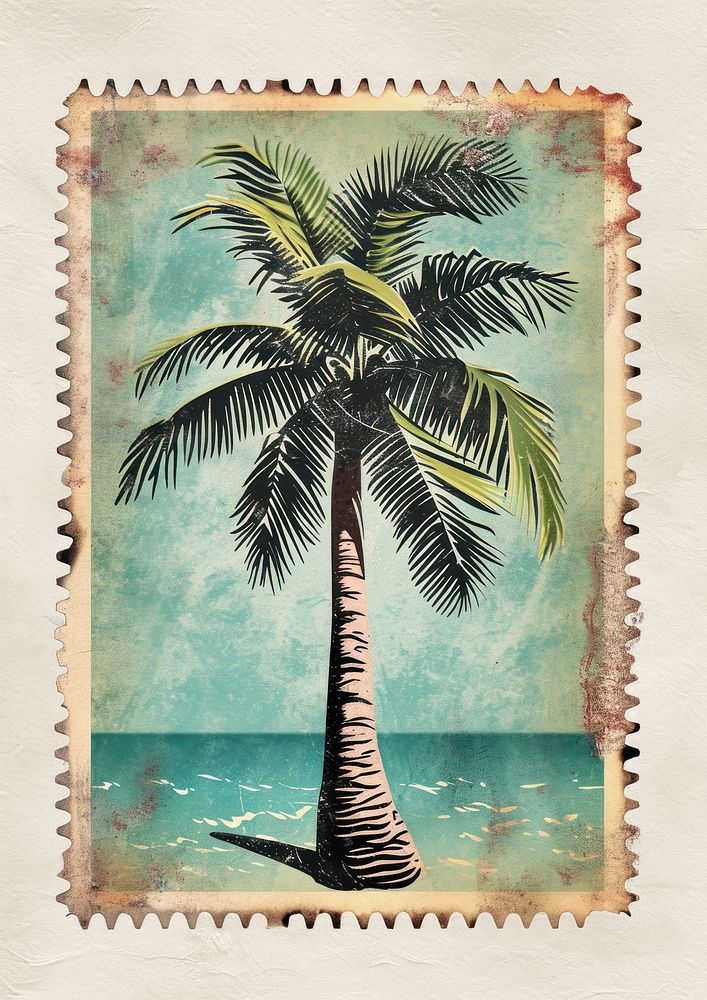 Vintage postage stamp with palm tree painting plant art.