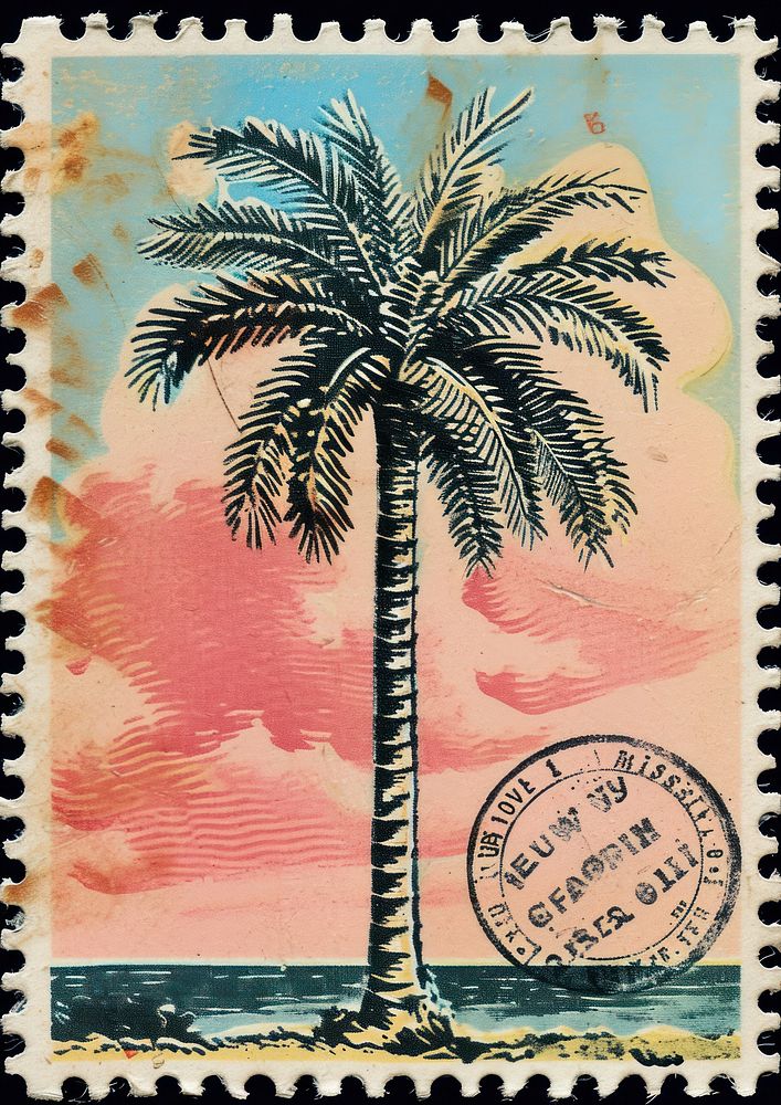 Vintage postage stamp with palm tree plant needlework embroidery.