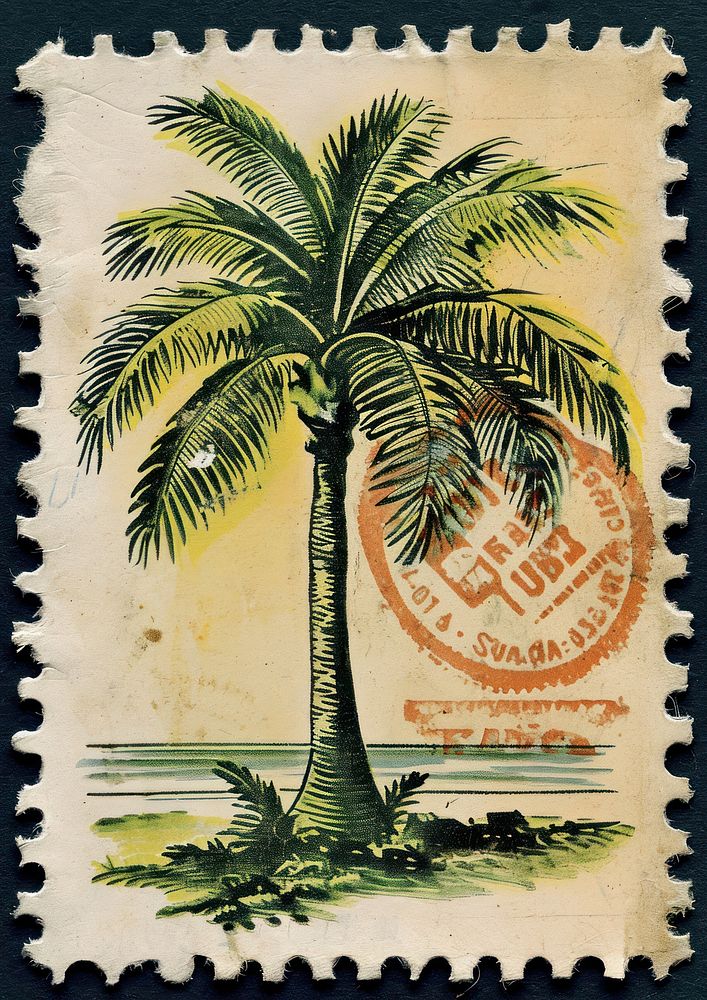 Vintage postage stamp with palm tree plant needlework arecaceae.
