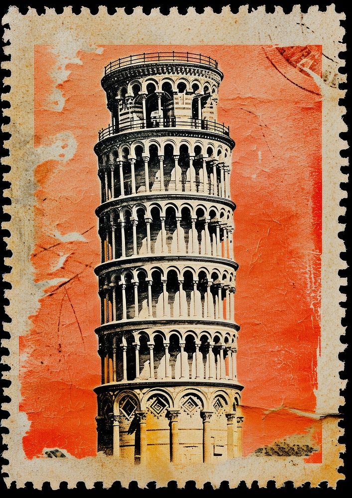 Vintage postage stamp with pisa architecture tower landmark.