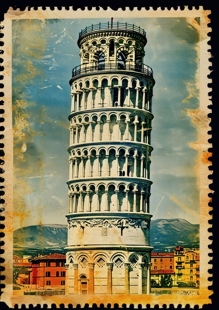 Vintage postage stamp with pisa architecture building tower.