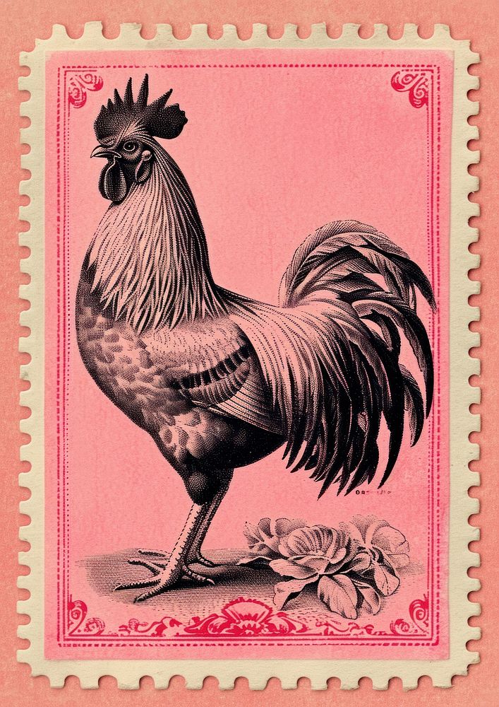 Vintage postage stamp with rooster chicken poultry animal.