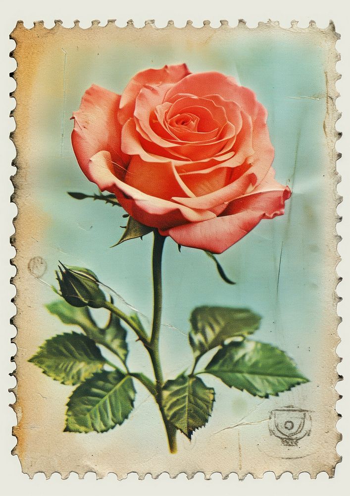 Vintage postage stamp with rose flower plant inflorescence.