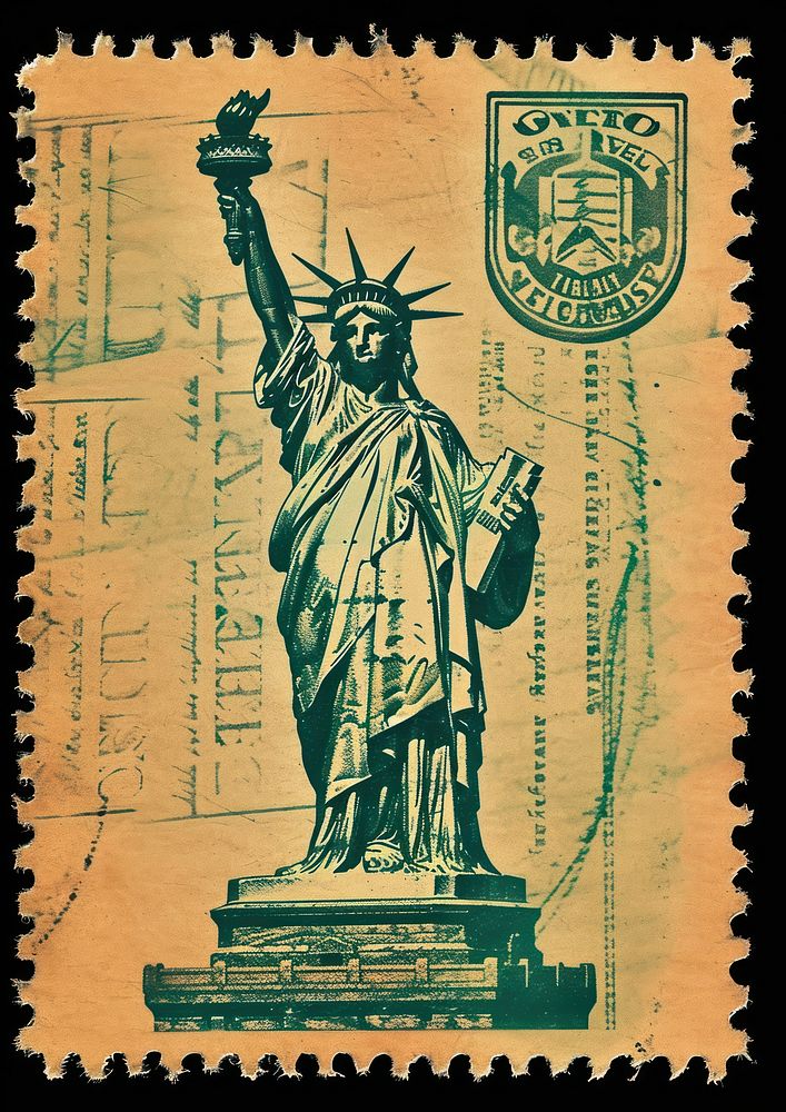 Vintage postage stamp with statue of liberty paper representation architecture.