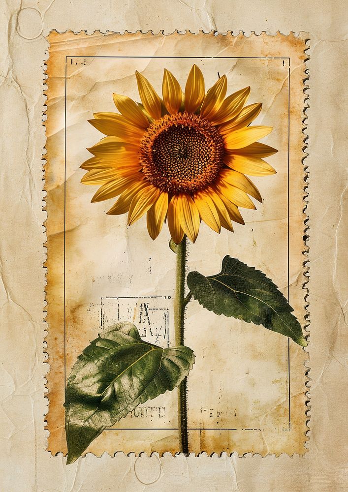 Vintage postage stamp with sunflower plant paper inflorescence.