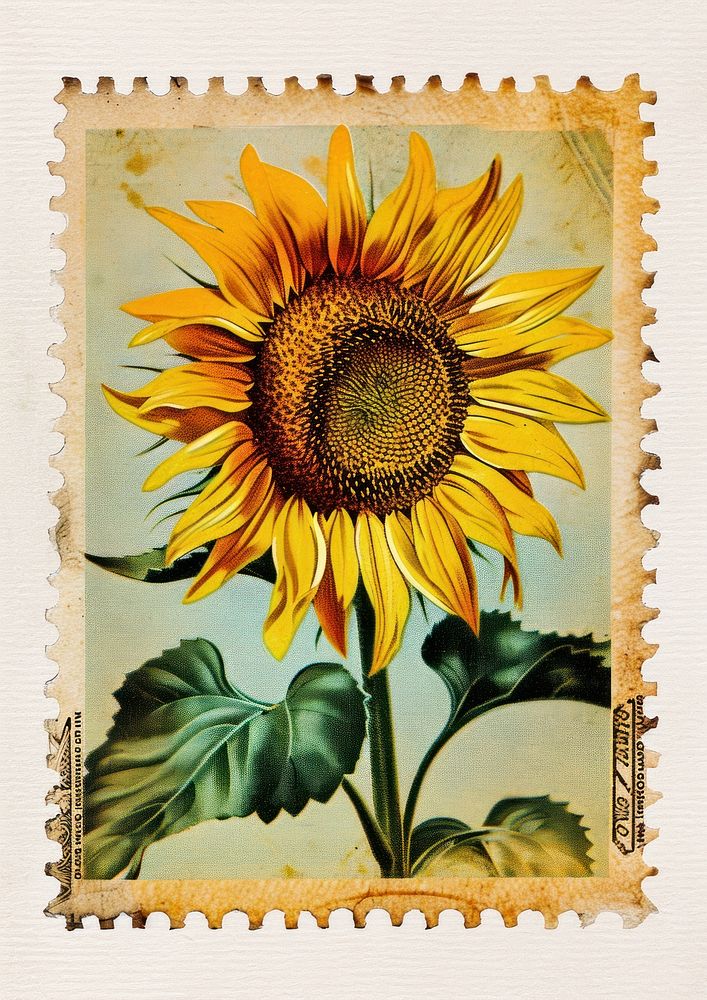 Vintage postage stamp with sunflower plant inflorescence asterales.
